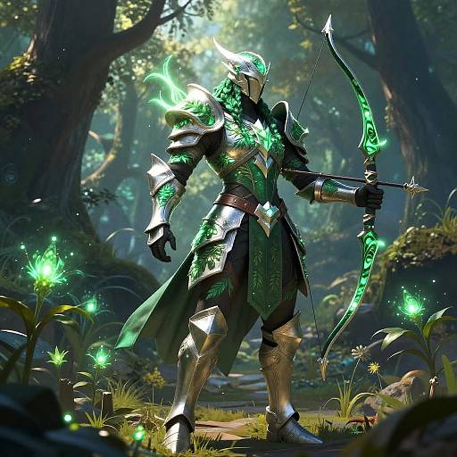 Digital art of a radiant green-armored archer with glowing armor, standing in a mystical forest, drawing a luminous bow.