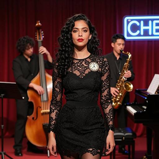 Woman in black lace dress with jazz band