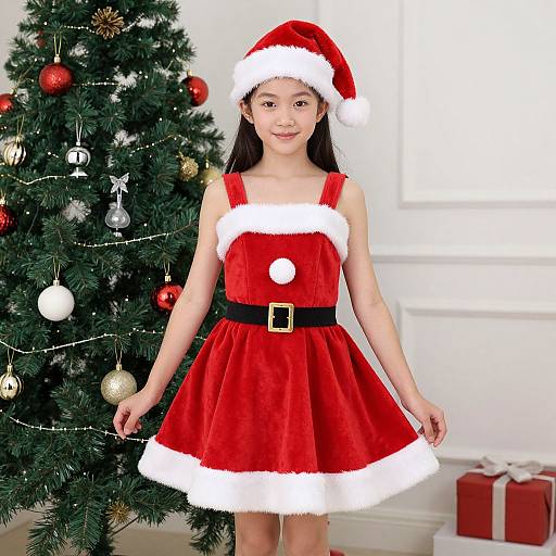 Photograph of an Asian girl in a red Santa dress with white fur trim, black belt, Santa hat, standing in front of a decorated Christmas tree