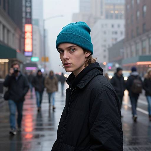 Photograph of a young, pale-skinned man with brown hair, wearing a teal beanie and black jacket, standing on a rain-soaked city