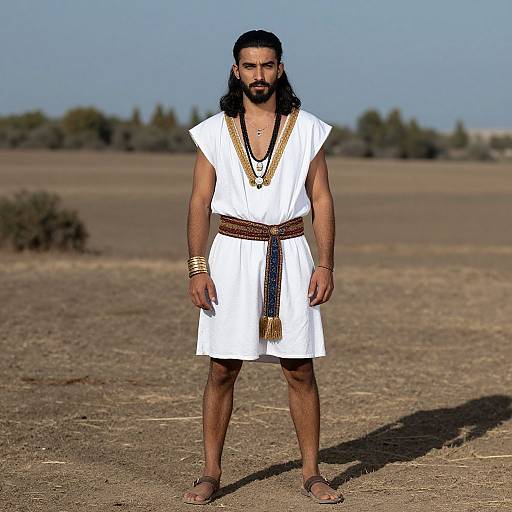 Photograph of a bearded man with long black hair, wearing a white ancient Greek-style tunic with gold trim, brown belt, and sandals,