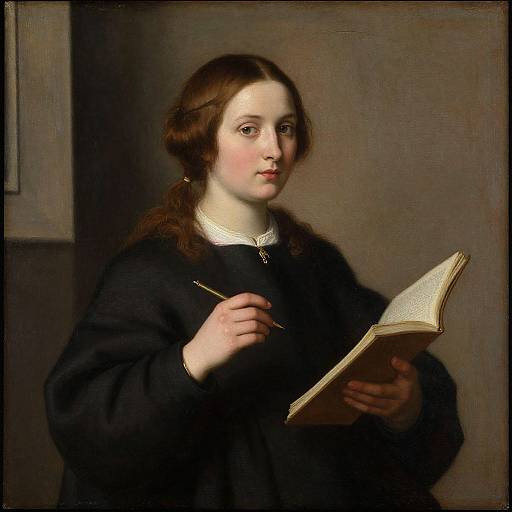 Classical oil painting of a young woman with pale skin, brown hair in a low bun, wearing a black dress, holding an open book and qu