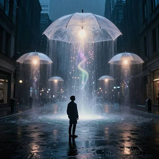Surreal Urban Dreamscape with Floating Umbrellas