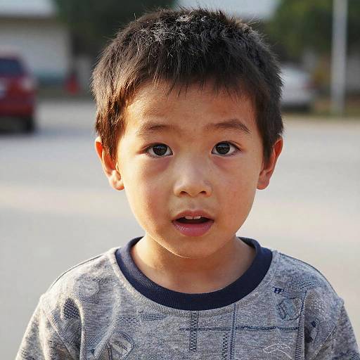 Photograph of an Asian boy with short black hair, large dark eyes, and light brown skin, wearing a gray shirt, standing outdoors with a blurred