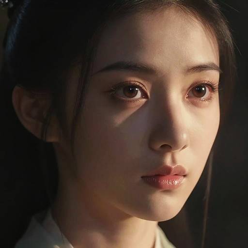 Photorealistic close-up portrait of a young Asian woman with fair skin, dark brown eyes, and long black hair, softly lit from the left side