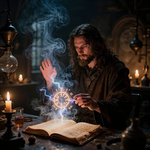 Photograph of a long-haired, bearded man in dark robes, conjuring a glowing, magical clock surrounded by blue lightning, over an open book