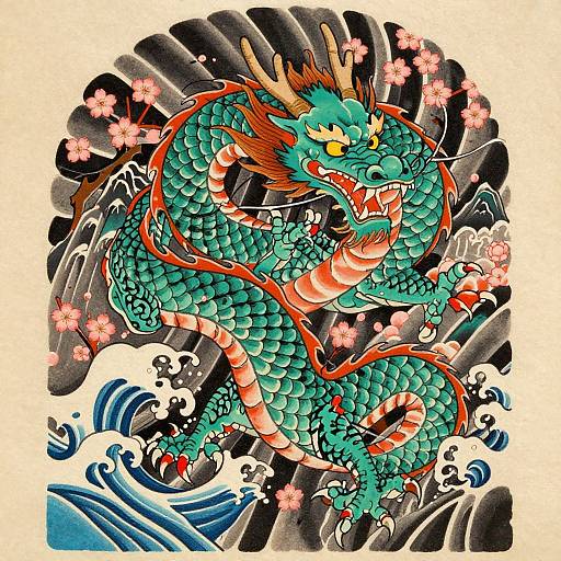 Vibrant digital artwork of a fierce, green-scaled, dragon with red accents, floral backdrop, and dynamic waves, evoking traditional Japanese style