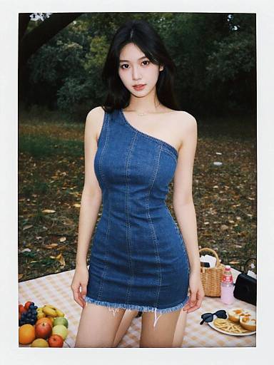 Slim Woman in Denim Mini Dress Picnic