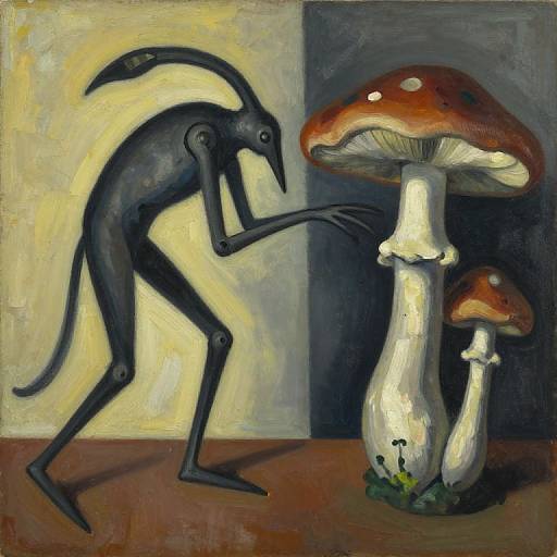 Surrealist painting of a black, slender, insect-like creature reaching towards two large, red-capped mushrooms with white stems, against a split yellow