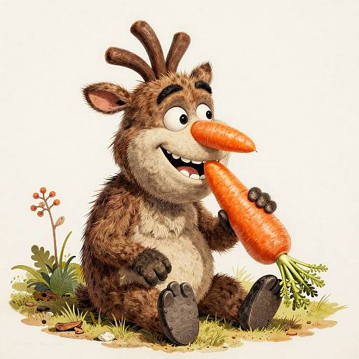 Cartoon brown rabbit with antlers, white belly, large orange carrot, smiling, sitting on grass, holding carrot in front, white background.