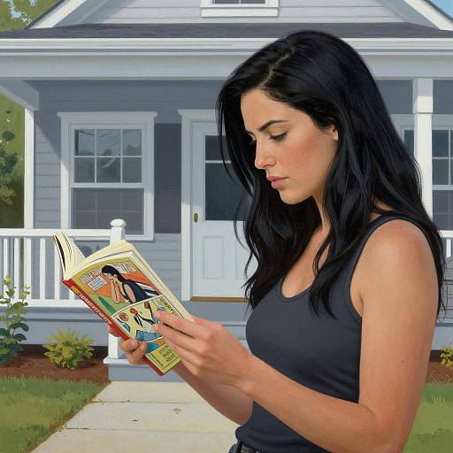 Photograph of a young woman with long black hair, wearing a black tank top, reading a colorful comic book outdoors in front of a gray house with
