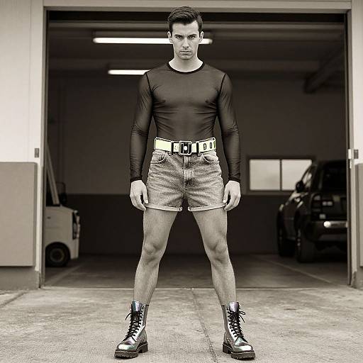 Black long-sleeve shirt, high-waisted striped shorts, black boots, standing in dim garage; photograph, monochrome, serious expression,