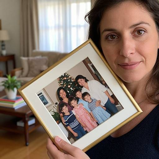 Photograph of a smiling woman with brown hair holding a framed family photo, showing her and four children in a cozy, decorated living room.