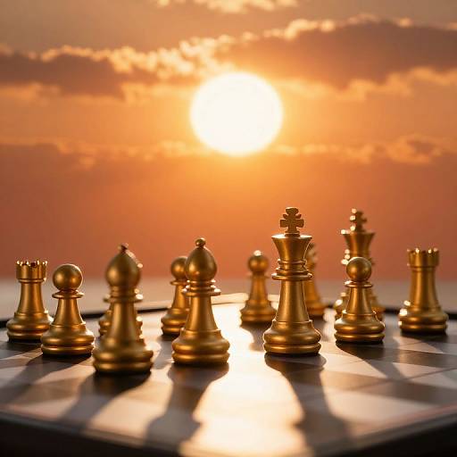 Photograph of a golden chess set with a king in the center, set against a vibrant orange sunset sky with scattered clouds.