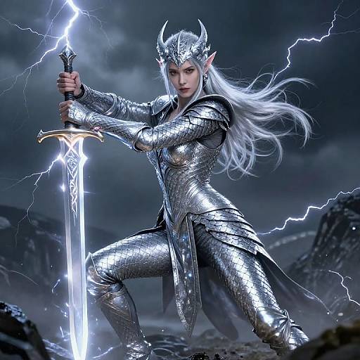 Digital artwork of a silver-haired, horned elf warrior in reflective silver armor, gripping a glowing sword amidst a stormy, lightning-filled landscape.