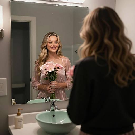 Woman Holding Flowers in Bathroom Mirror