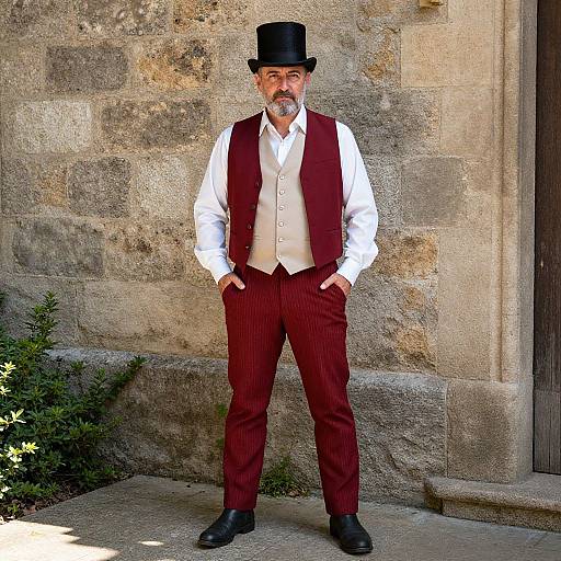 Photograph of a bearded man in a black top hat, white shirt, maroon vest, and pinstripe trousers, standing hands in pockets
