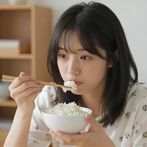 Young Japanese Woman Eating Rice with Chopsticks