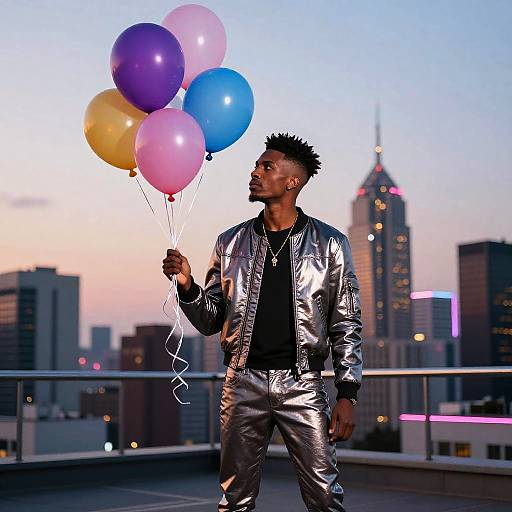 Photograph of a Black man with spiked hair, wearing a shiny silver jacket and pants, holding colorful balloons, standing on a rooftop at sunset with a