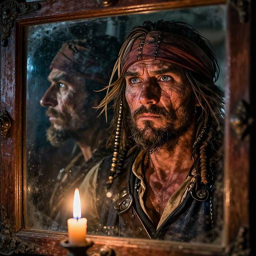 Photograph of a rugged, bearded pirate with a red headband reflected in a dimly lit, ornate mirror, candlelight illuminating his
