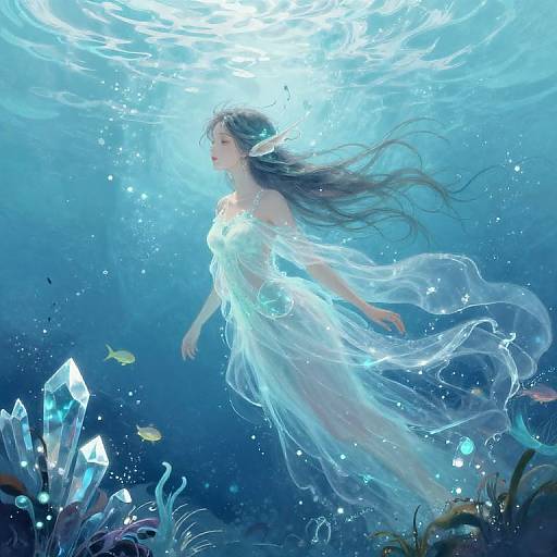 Digital fantasy artwork of a ethereal, long-haired woman in a flowing white dress, surrounded by underwater crystals and fish, illuminated by sunlight from above.