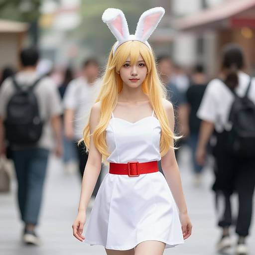 Blonde Woman in White Dress with Rabbit Ears