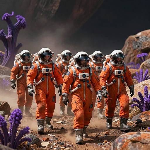 Photorealistic CGI of six astronauts in bright orange space suits walking through a rocky, purple-flower-filled, dusty alien landscape at night.