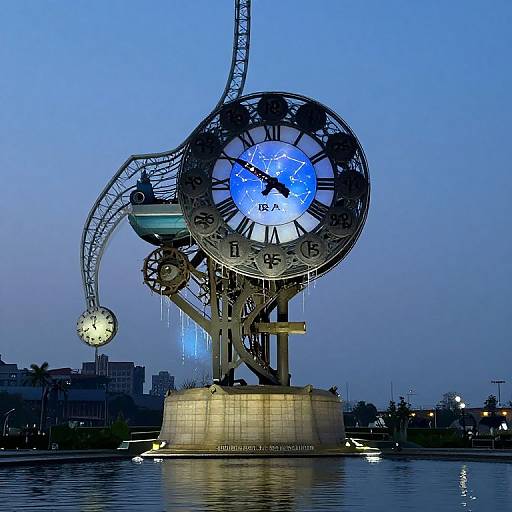 Photograph of a large, futuristic clock sculpture with glowing blue face, metal gears, and curved, mechanical appendages, set against a twilight blue sky