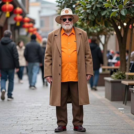 Photograph of an elderly man with white beard, wearing orange shirt, brown coat, and wide-brimmed hat, standing on a street with blurred
