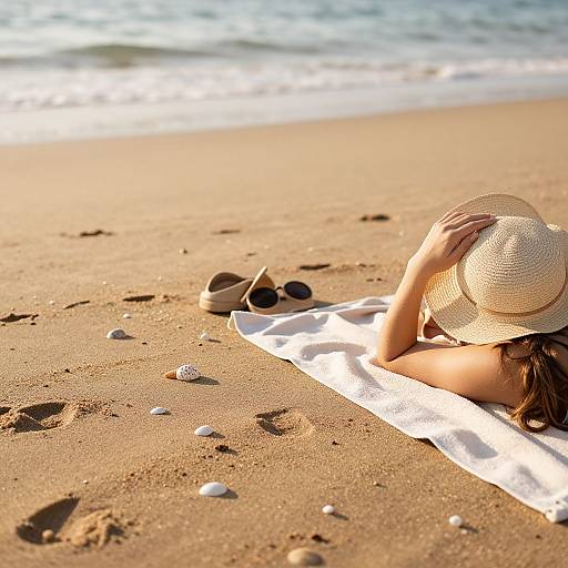Photograph of a woman in a straw hat lying on a white towel on a sandy beach, with sandals and seashells nearby, ocean waves in