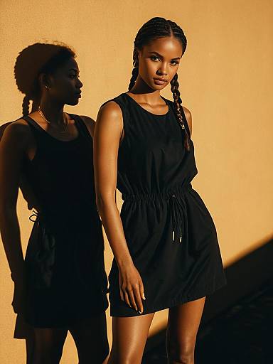 Woman in Black Sleeveless Mini Dress with Braids