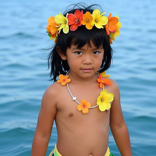 Photograph of a young girl with dark hair, wearing a flower crown and necklace of yellow and orange flowers, standing in the blue ocean, topless