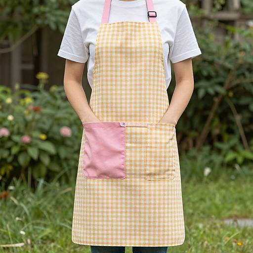 Photograph of a person wearing a yellow and white gingham apron with a pink pocket, standing in a lush, green garden.