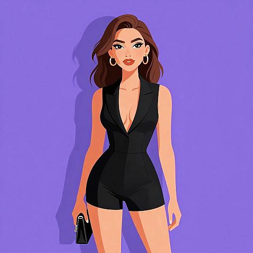 Digital illustration of a stylish woman with wavy brown hair, wearing a black deep V-neck romper, holding a black purse, against a vibrant purple