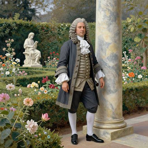 Photograph of an 18th-century man in formal black coat, white cravat, brown waistcoat, and knee breeches, standing in