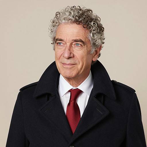 Middle-aged man in black coat with red tie