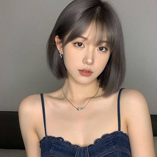 Photograph of an East Asian woman with a short black bob haircut, wearing a black lace-trimmed tank top and a delicate necklace, against a