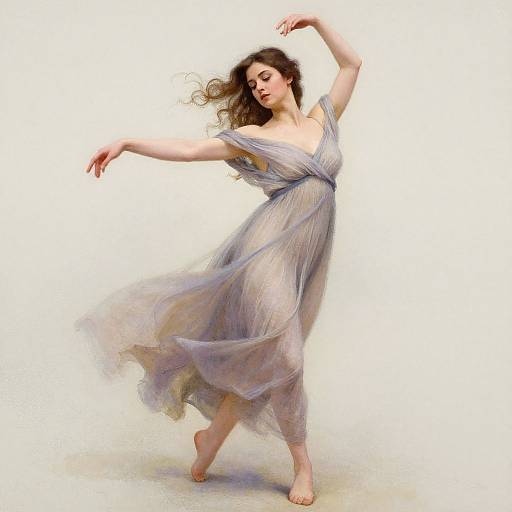 Photograph of a graceful, barefoot woman with wavy brown hair, wearing a flowing, light purple, sheer dress, dancing against a white background