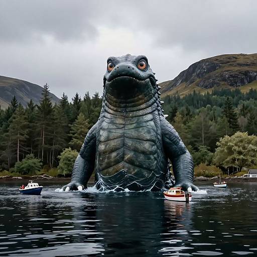 Photorealistic digital artwork of a massive, gray-scaled, reptilian creature with orange eyes emerging from a lake, surrounded by small boats and forest