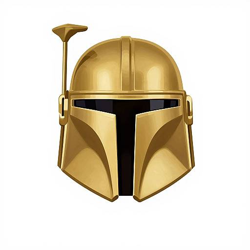 Digital illustration of a shiny, gold Mandalorian helmet with a vertical antenna on the left, black visor, and smooth, reflective surface.
