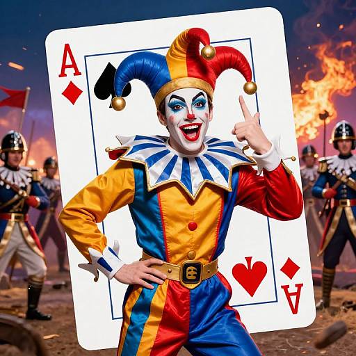 Colorful jester in clown costume, white face paint, blue and yellow outfit, holding playing card with Ace of Hearts, pointing up, amidst soldiers