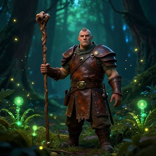 CGI fantasy scene: Muscular bald man with brown leather armor, holding a gnarled staff, stands in a mystical forest with glowing green orbs