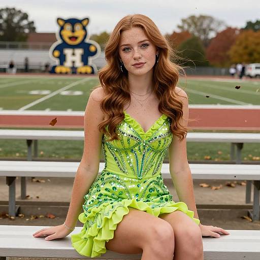 Photograph of a fair-skinned, red-haired cheerleader in a neon green, sequined dress sitting on bleachers, with a mascot in the