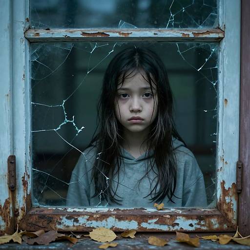 Photograph of a solemn young girl with wet, dark hair, wearing a gray hoodie, staring through a cracked, rusted window with scattered autumn leaves