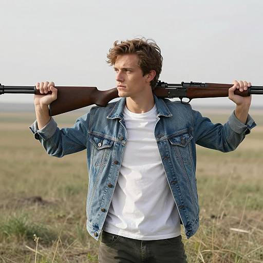 Young Man in Denim Jacket with Rifle