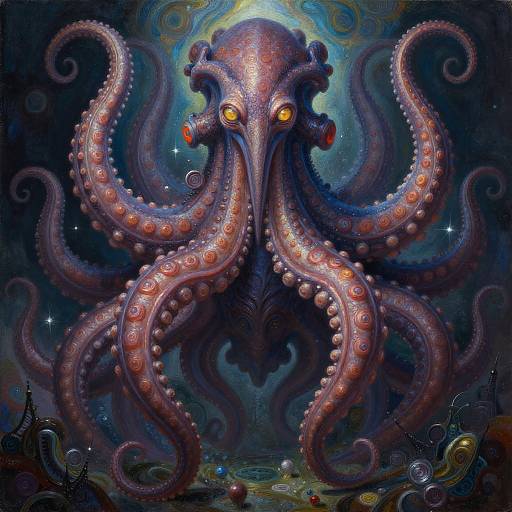 Digital painting of a vibrant, glowing purple octopus with orange eyes and red suction cups, set against a swirling, dark blue underwater background. Fantasy style