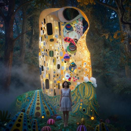 Photograph of a woman in a white dress standing before a glowing, whimsical, forest installation resembling Klimt's 
