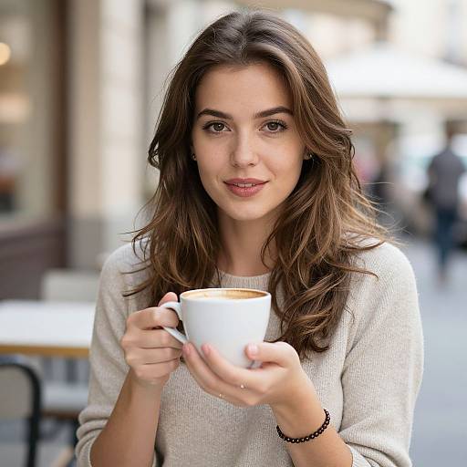 Photograph of a young woman with wavy brown hair, wearing a beige sweater, holding a white coffee cup, smiling slightly, in a blurred outdoor