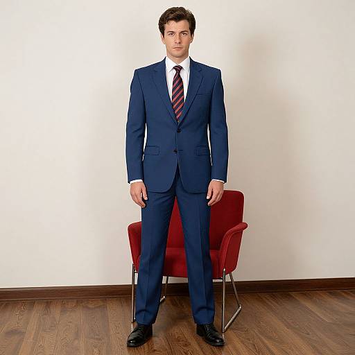 Photograph of a handsome man in a navy blue suit, white shirt, and red striped tie, standing in front of a red chair against a white