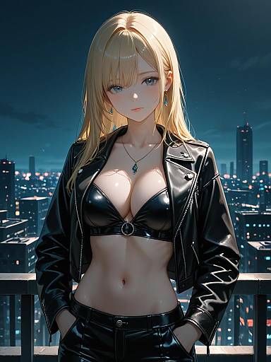 Digital anime artwork of a blonde woman with blue eyes, wearing a black leather bra and jacket, standing on a rooftop at night, city lights in the